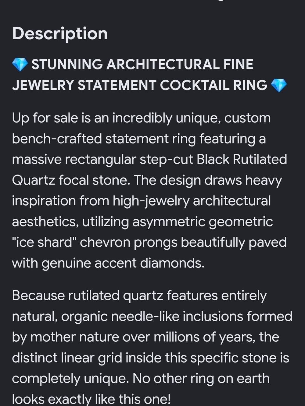 10K Black Rutilated Quartz Statement Cocktail Ring With Diamond Accents